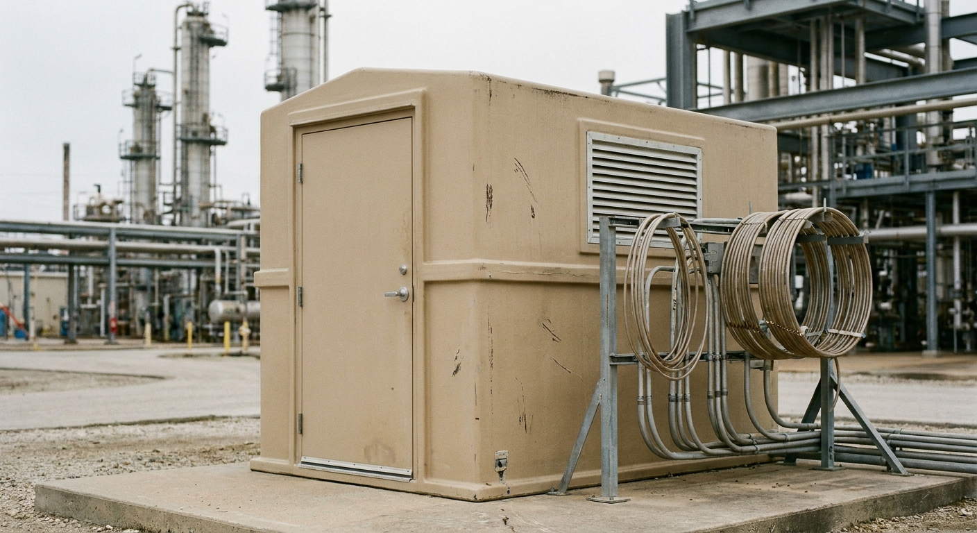 A larger analyzer shelter enclosure housing a sample-conditioning system at an outdoor process unit.
