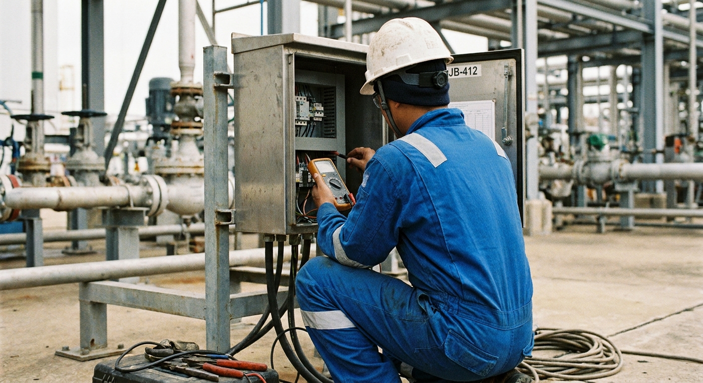 A maintenance technician inspecting the gasketed door and terminals inside an outdoor instrument enclosure.