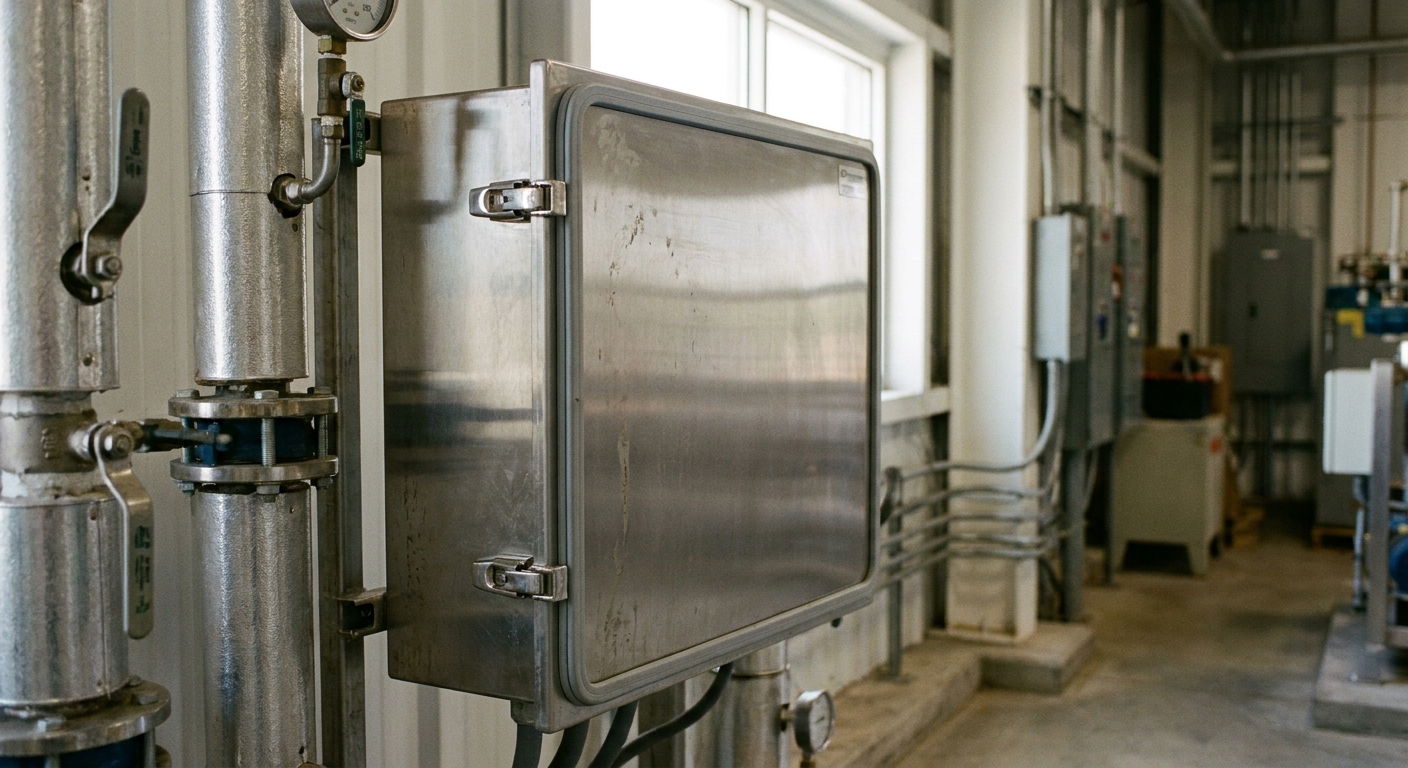 A stainless steel instrument enclosure with a continuously gasketed hinged door mounted beside process piping.